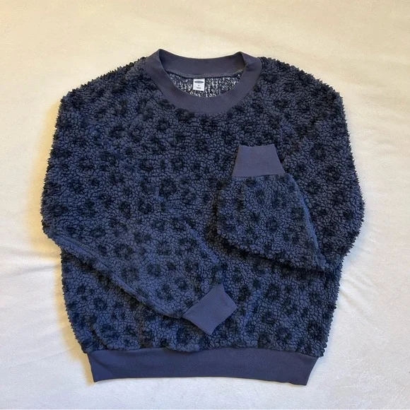 Old Navy Blue Leopard Print Sherpa Crew Neck Sweater